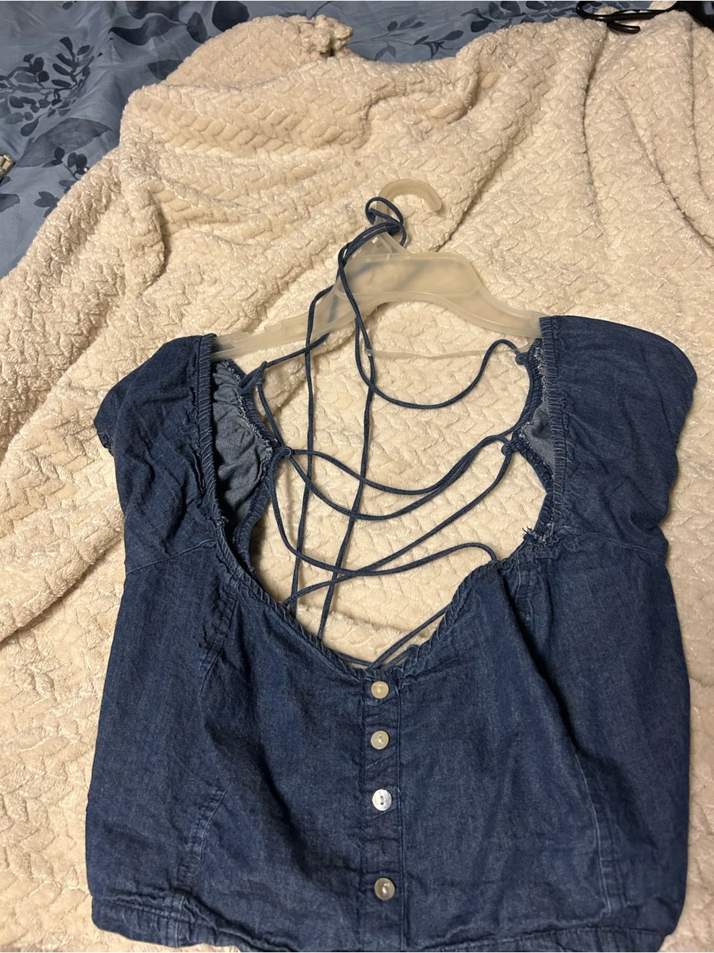 Derek Heart Denim-Style Blue Lace-Up Back Crop Top